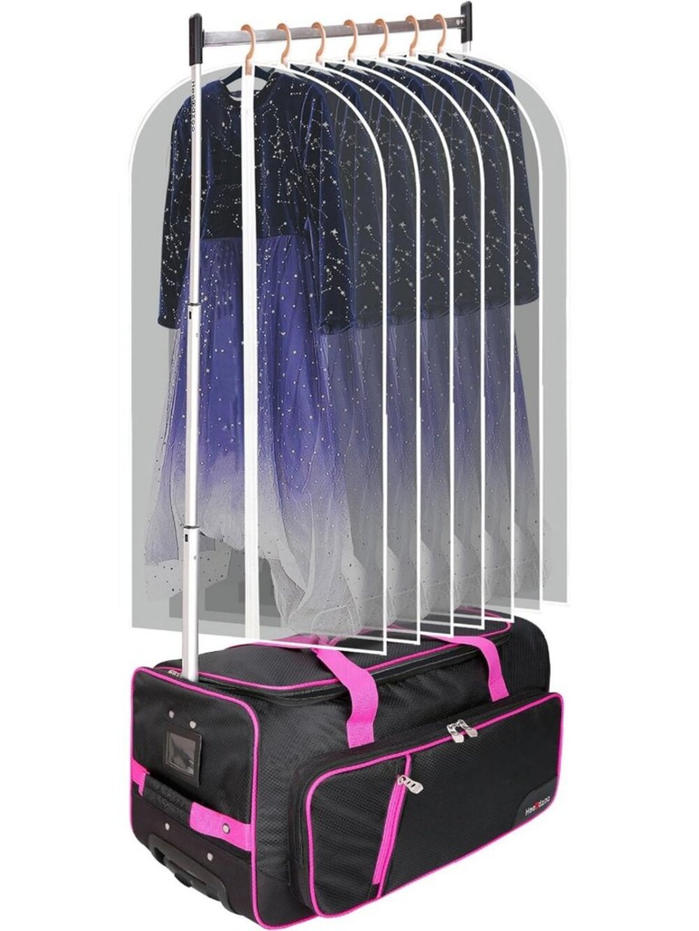 Rolling Dance Duffel Bag with Garment Rack, 23" Competition Tote, Pink